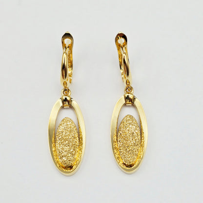 18K Solid Yellow Gold Drop Earrings, Oval Textured Dangle Earrings