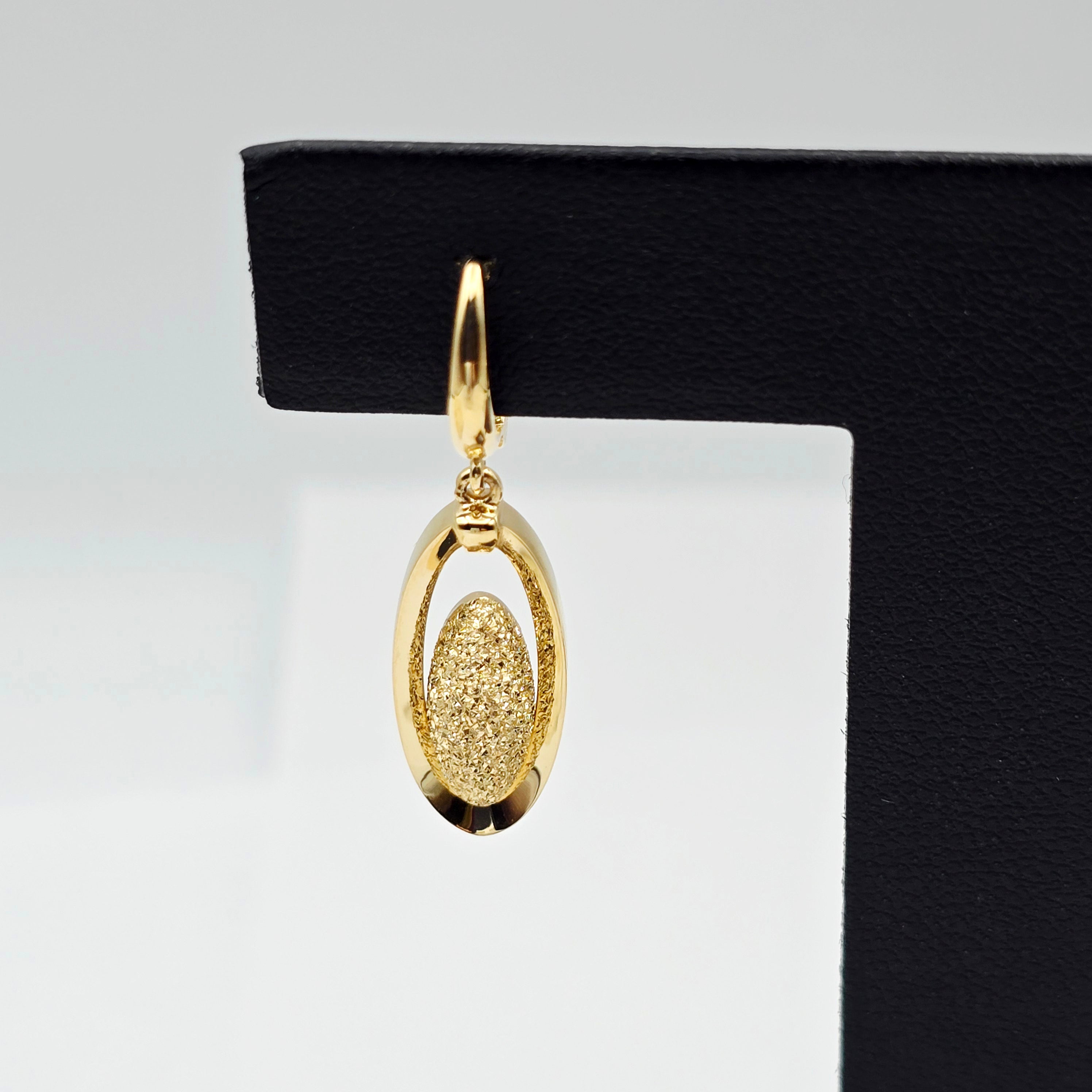 18K Solid Yellow Gold Drop Earrings, Oval Textured Dangle Earrings