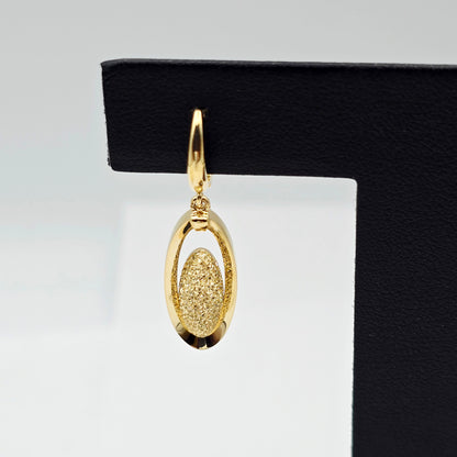 18K Solid Yellow Gold Drop Earrings, Oval Textured Dangle Earrings