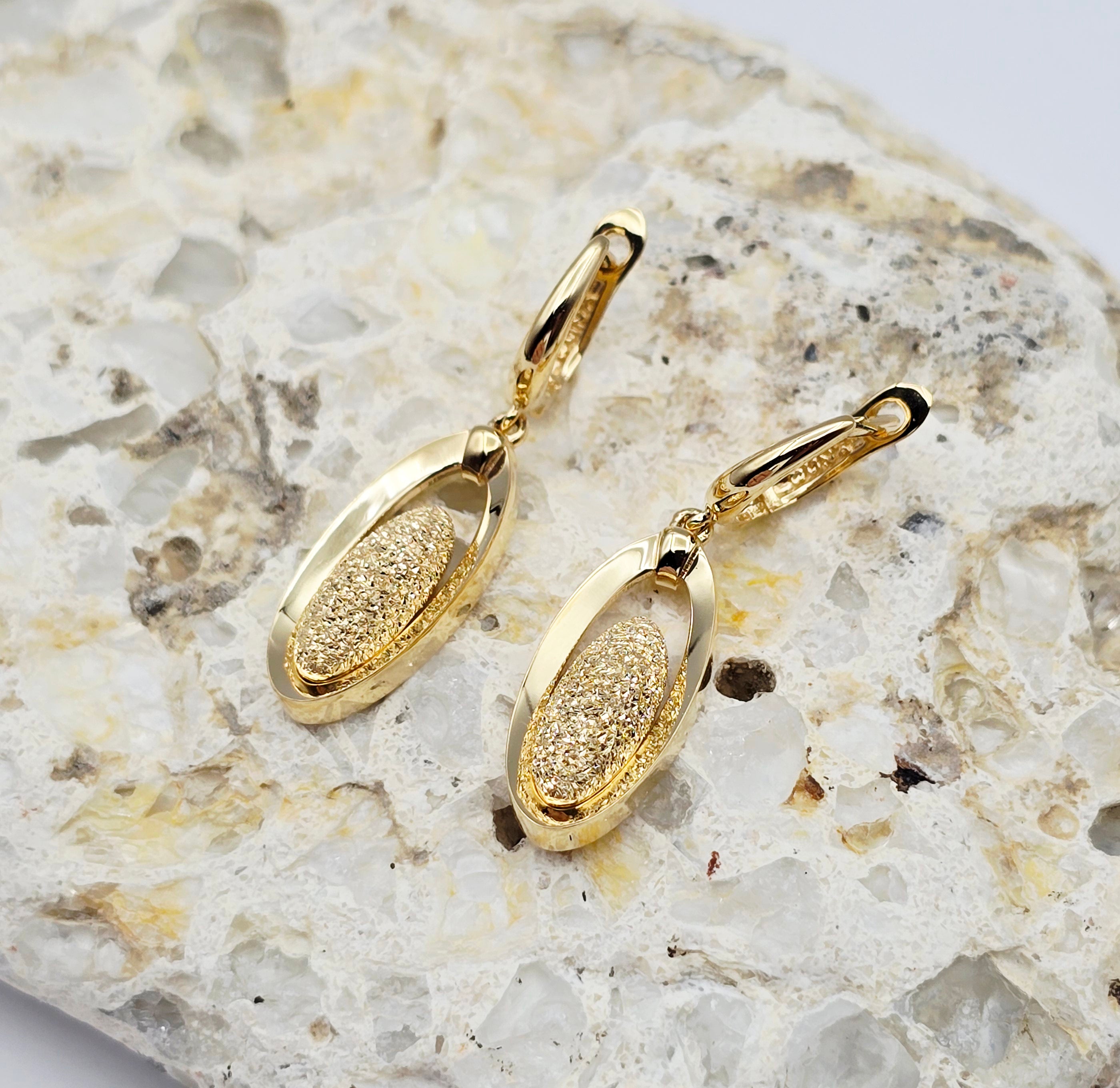 18K Solid Yellow Gold Drop Earrings, Oval Textured Dangle Earrings