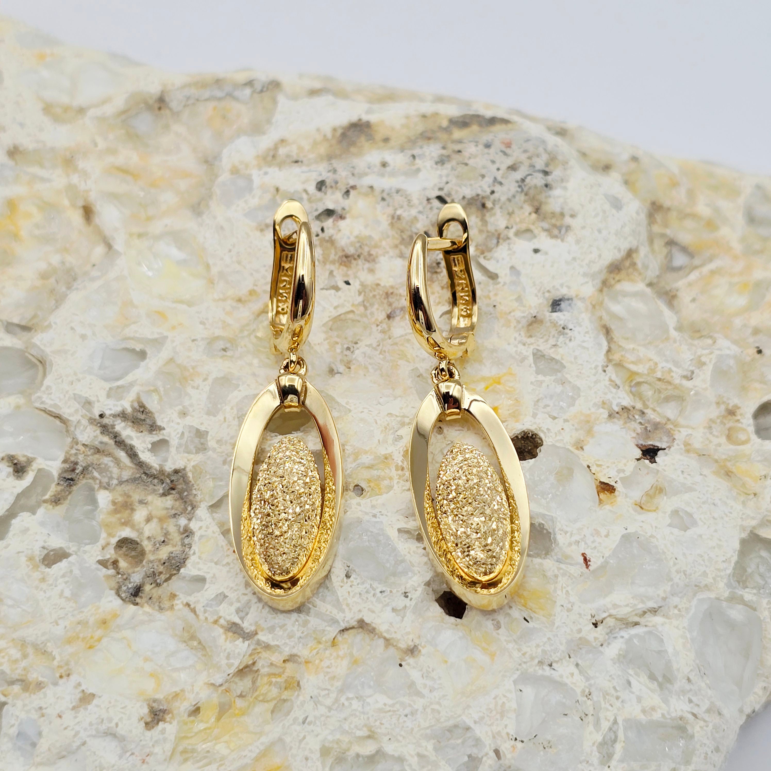 18K Solid Yellow Gold Drop Earrings, Oval Textured Dangle Earrings