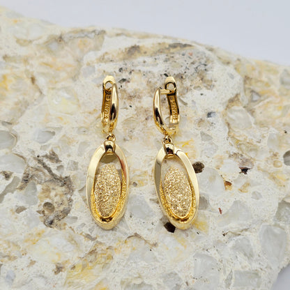 18K Solid Yellow Gold Drop Earrings, Oval Textured Dangle Earrings