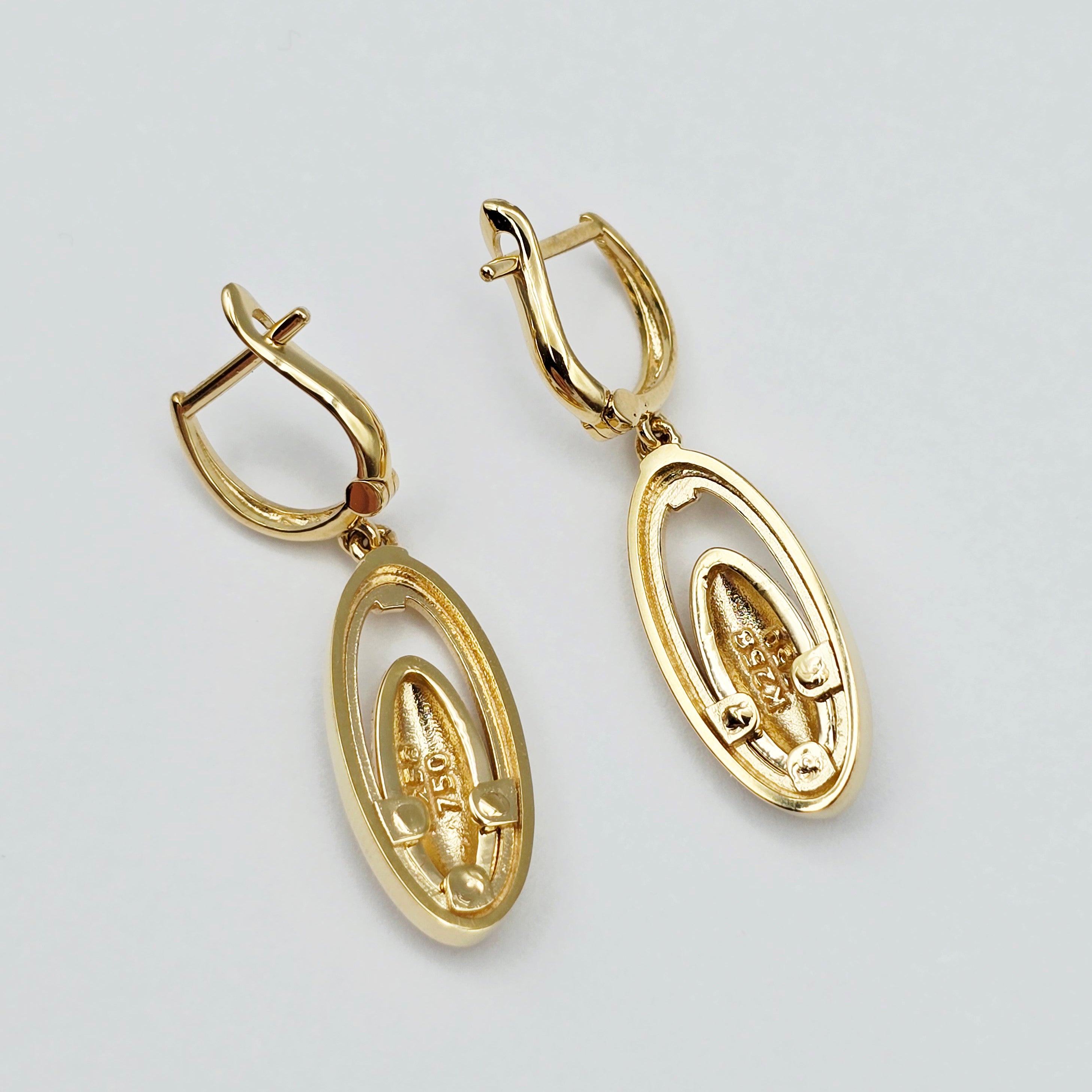 18K Solid Yellow Gold Drop Earrings, Oval Textured Dangle Earrings