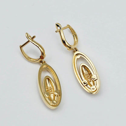 18K Solid Yellow Gold Drop Earrings, Oval Textured Dangle Earrings