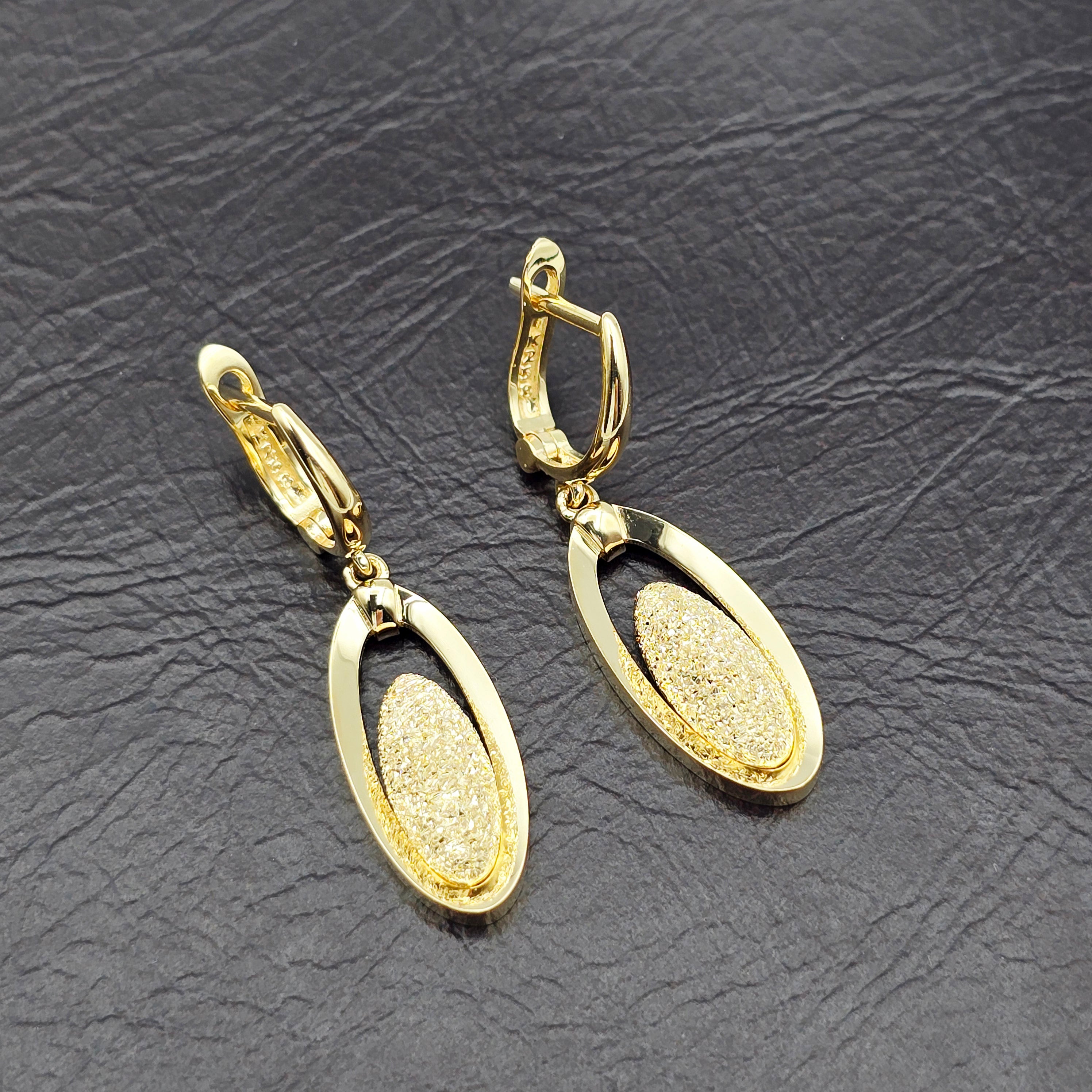 18K Solid Yellow Gold Drop Earrings, Oval Textured Dangle Earrings