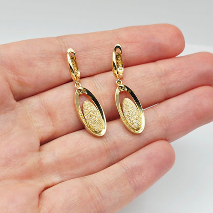 18K Solid Yellow Gold Drop Earrings, Oval Textured Dangle Earrings