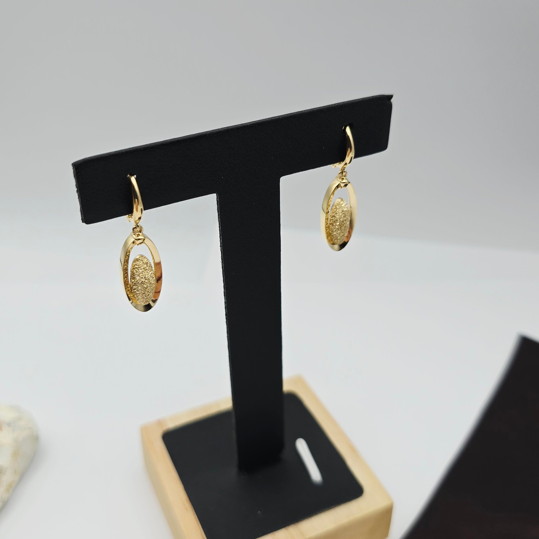18K Solid Yellow Gold Drop Earrings, Oval Textured Dangle Earrings