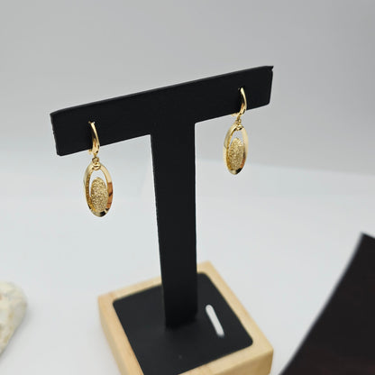 18K Solid Yellow Gold Drop Earrings, Oval Textured Dangle Earrings