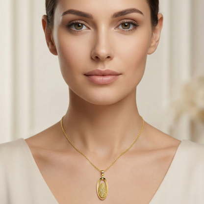 18K Solid Yellow Gold Oval Pendant, Textured Gold Pendant