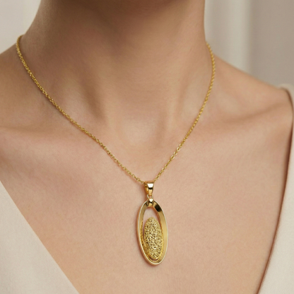 18K Solid Yellow Gold Oval Pendant, Textured Gold Pendant