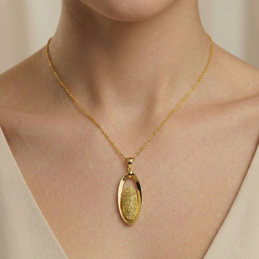 18K Solid Yellow Gold Oval Pendant, Textured Gold Pendant