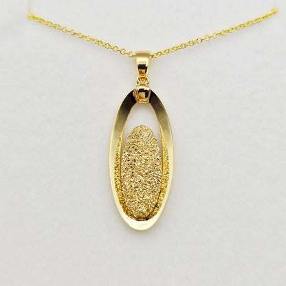 18K Solid Yellow Gold Oval Pendant, Textured Gold Pendant