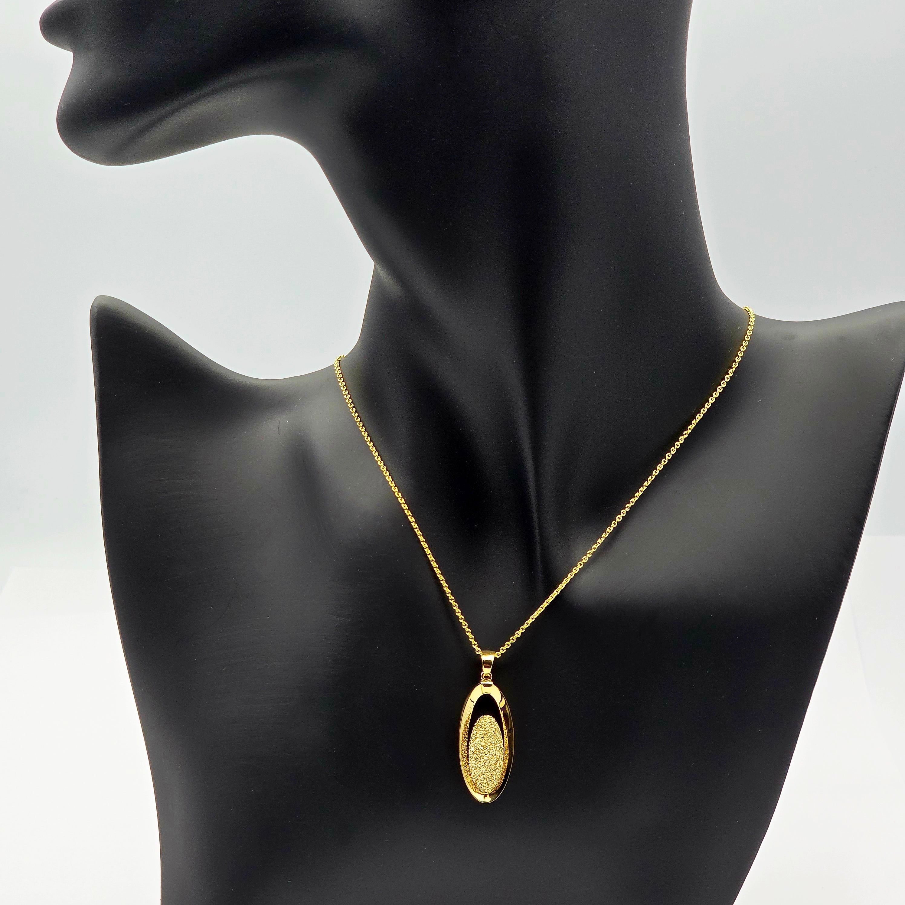 18K Solid Yellow Gold Oval Pendant, Textured Gold Pendant