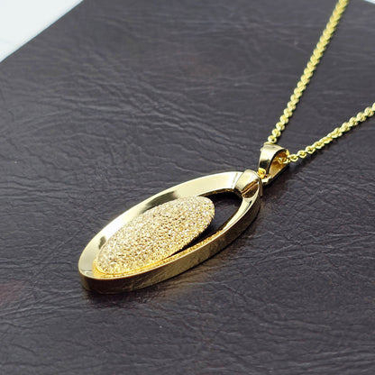 18K Solid Yellow Gold Oval Pendant, Textured Gold Pendant