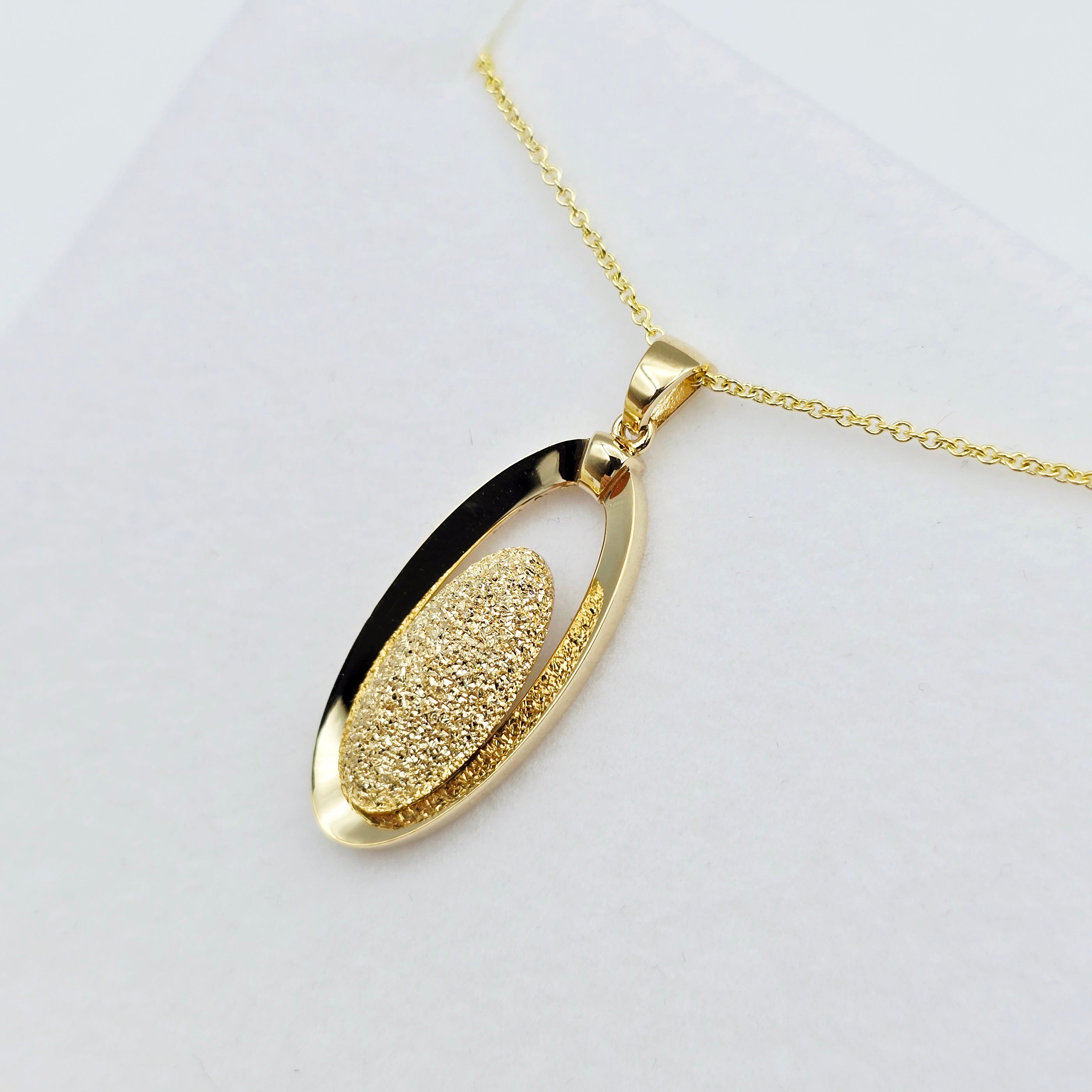 18K Solid Yellow Gold Oval Pendant, Textured Gold Pendant