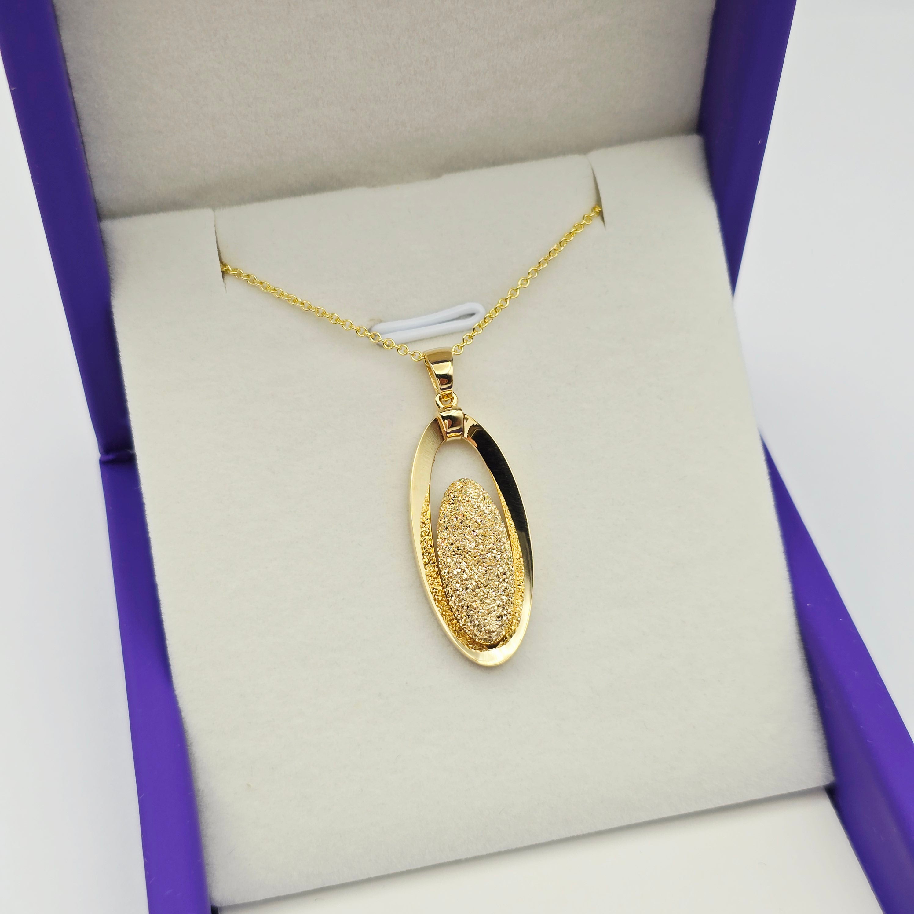 18K Solid Yellow Gold Oval Pendant, Textured Gold Pendant