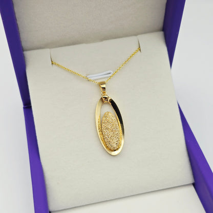 18K Solid Yellow Gold Oval Pendant, Textured Gold Pendant