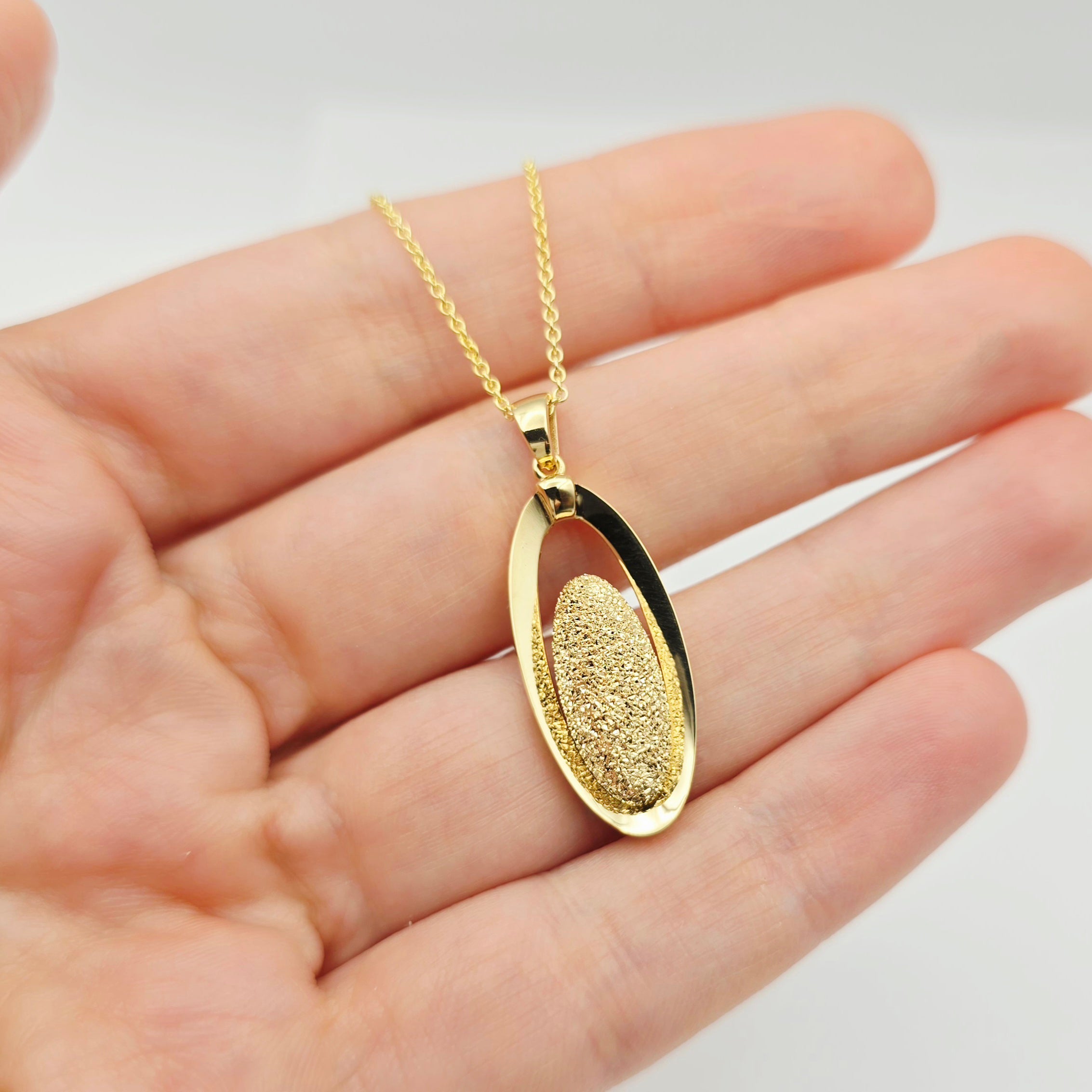 18K Solid Yellow Gold Oval Pendant, Textured Gold Pendant