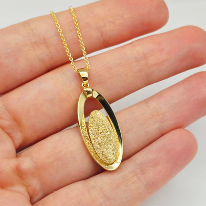 18K Solid Yellow Gold Oval Pendant, Textured Gold Pendant