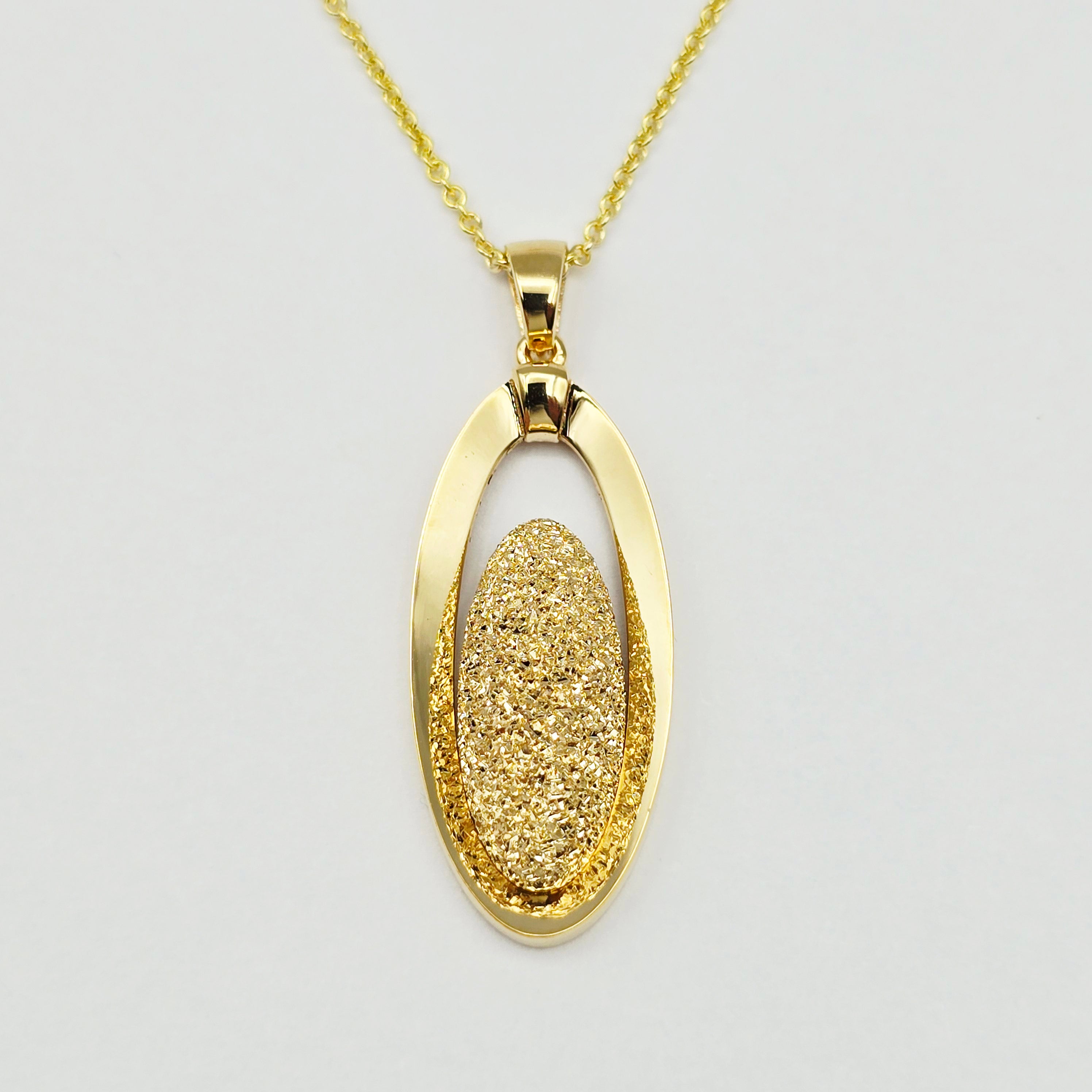 18K Solid Yellow Gold Oval Pendant, Textured Gold Pendant