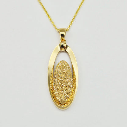 18K Solid Yellow Gold Oval Pendant, Textured Gold Pendant
