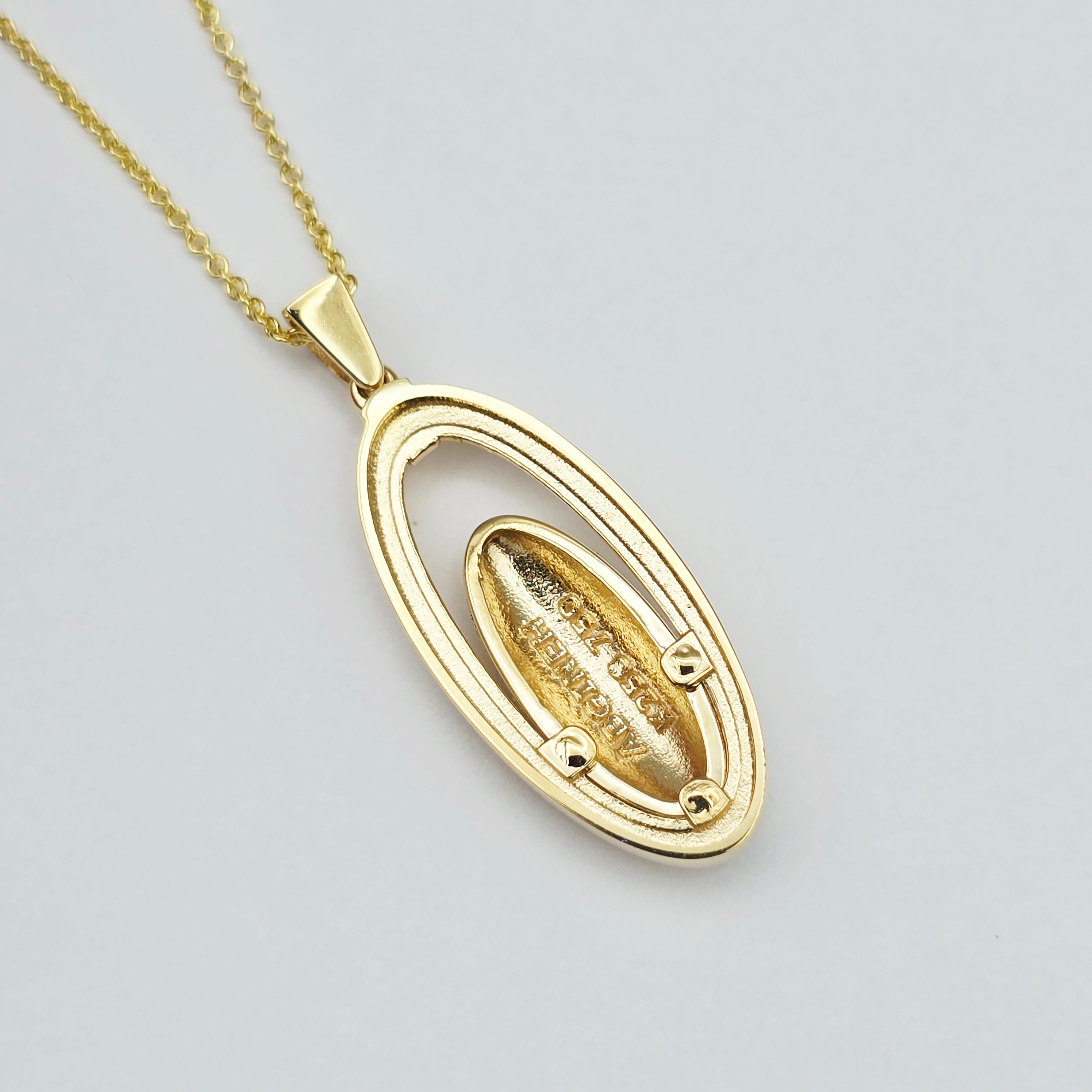 18K Solid Yellow Gold Oval Pendant, Textured Gold Pendant