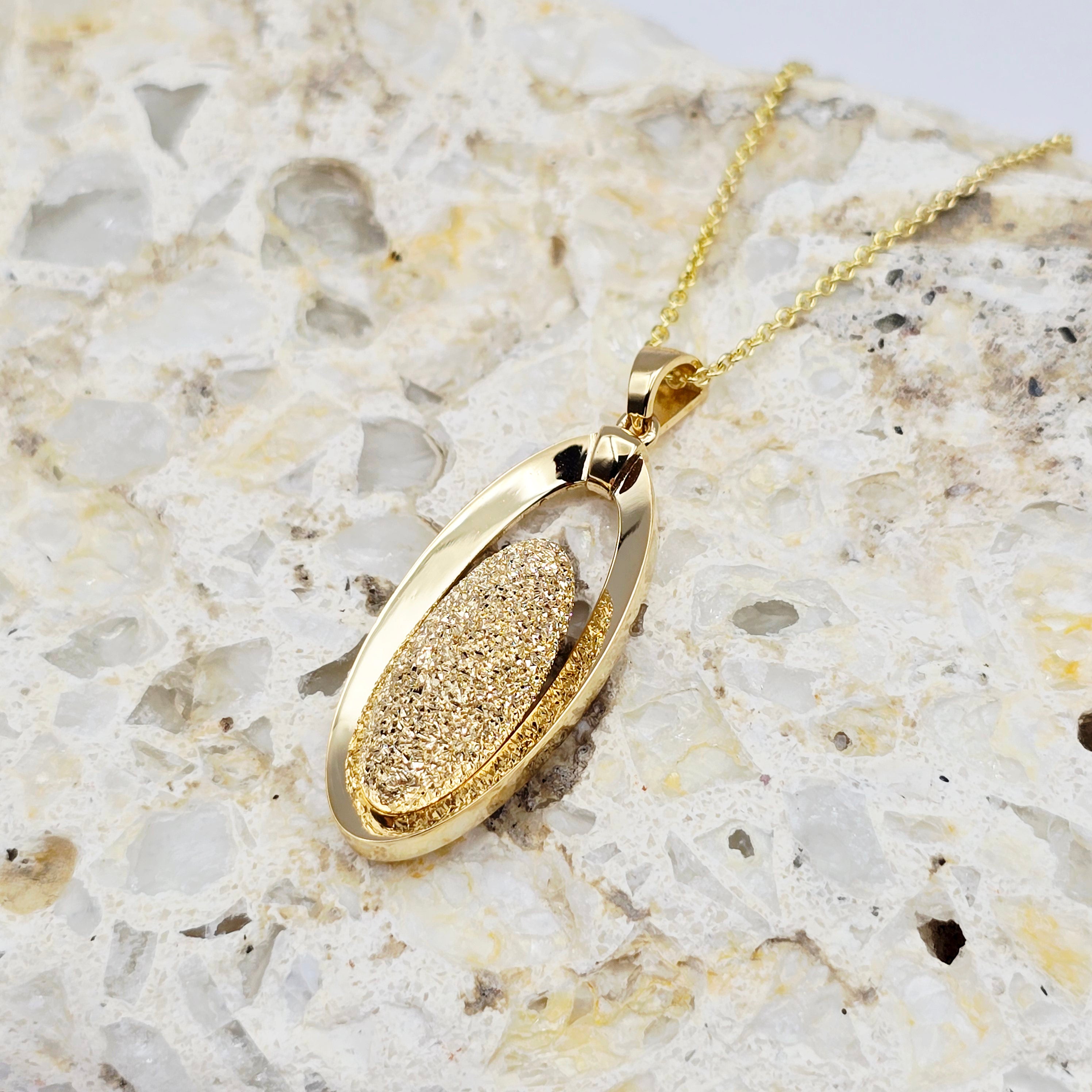 18K Solid Yellow Gold Oval Pendant, Textured Gold Pendant