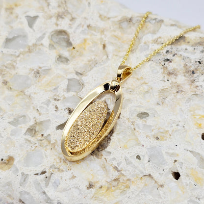 18K Solid Yellow Gold Oval Pendant, Textured Gold Pendant