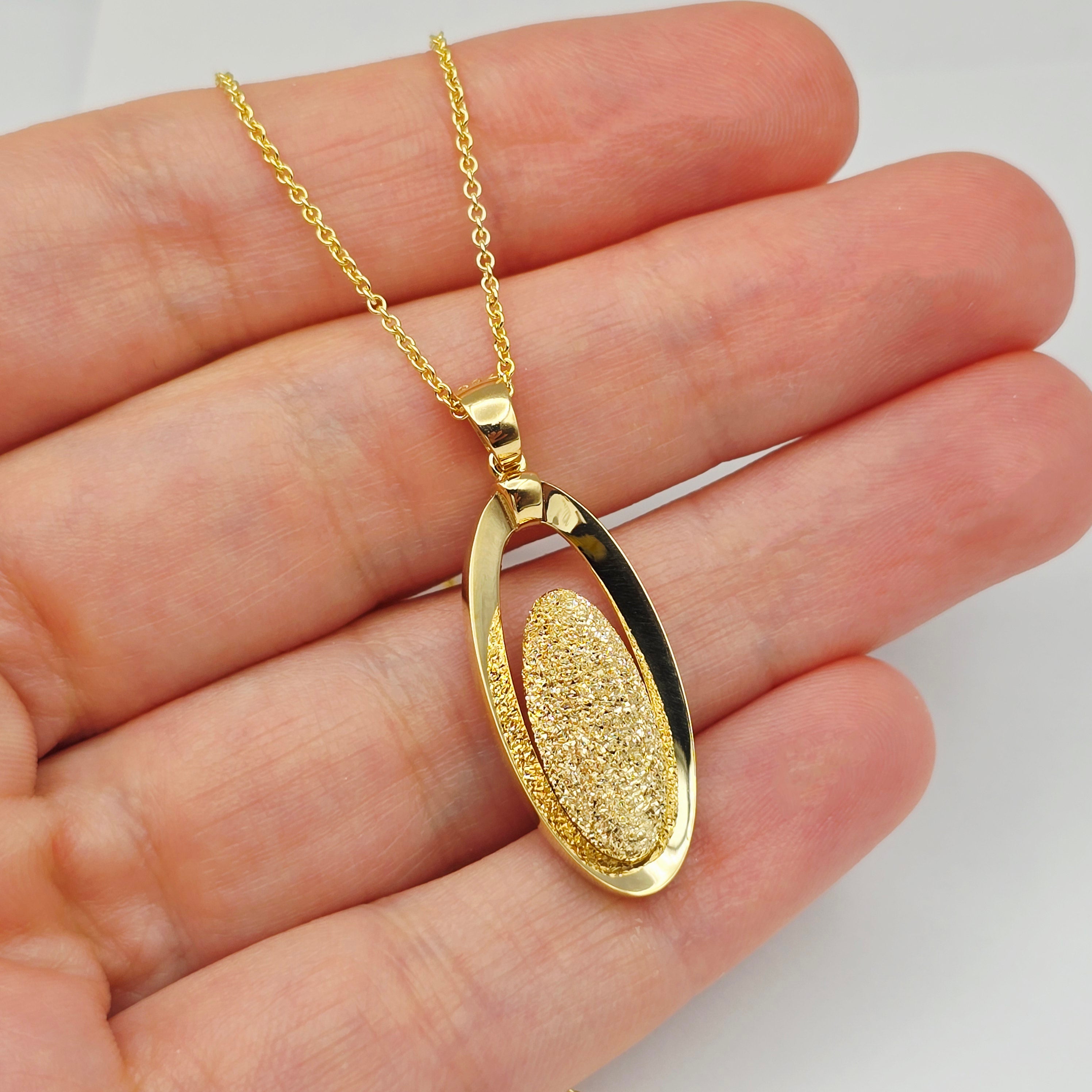 18K Solid Yellow Gold Oval Pendant, Textured Gold Pendant