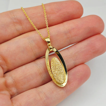 18K Solid Yellow Gold Oval Pendant, Textured Gold Pendant