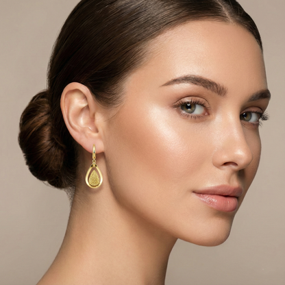 18K Solid Yellow Gold Drop Earrings, Teardrop Textured Gold Dangle Earrings, Elegant Fine Jewelry Gift for Her