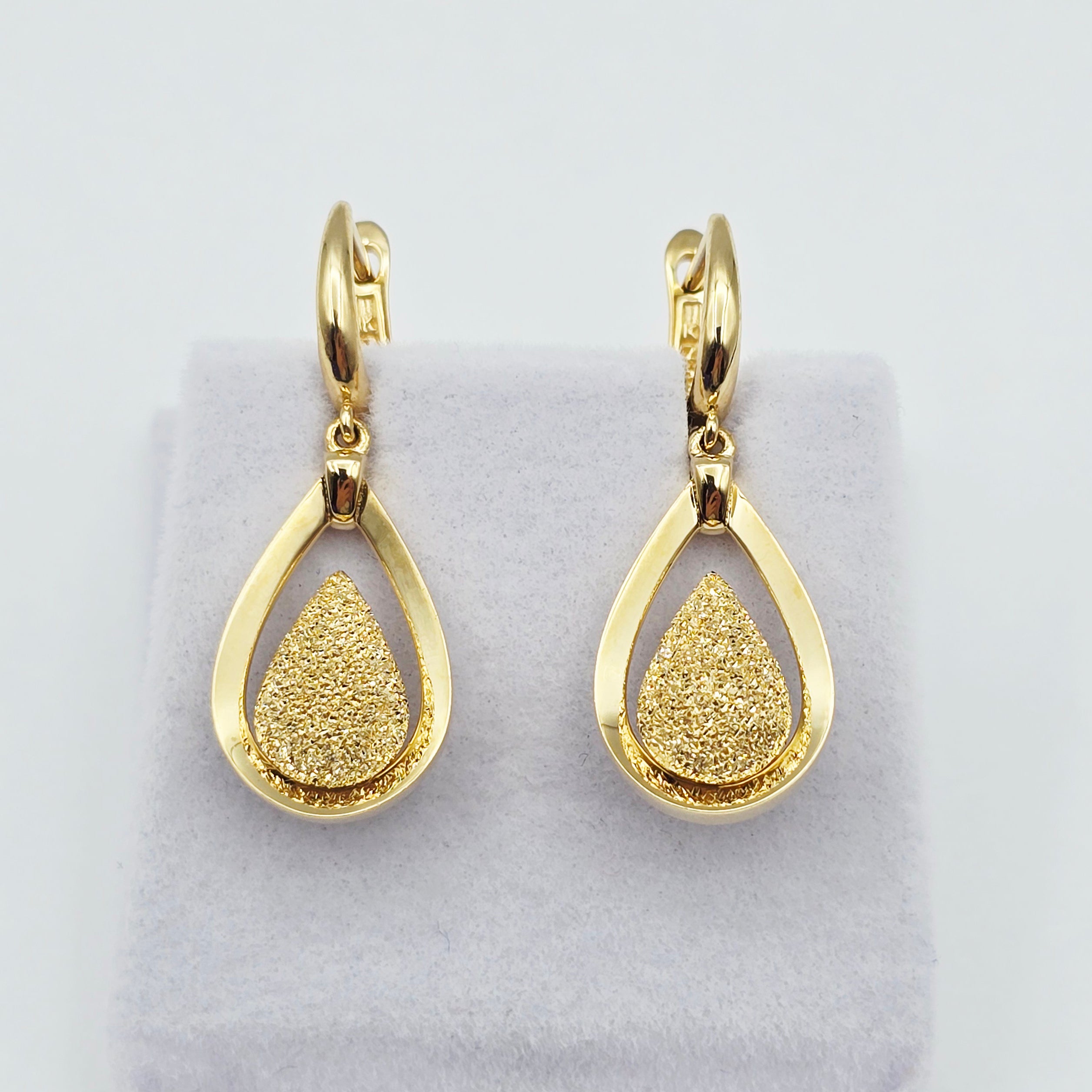 18K Solid Yellow Gold Drop Earrings, Teardrop Textured Gold Dangle Earrings, Elegant Fine Jewelry Gift for Her