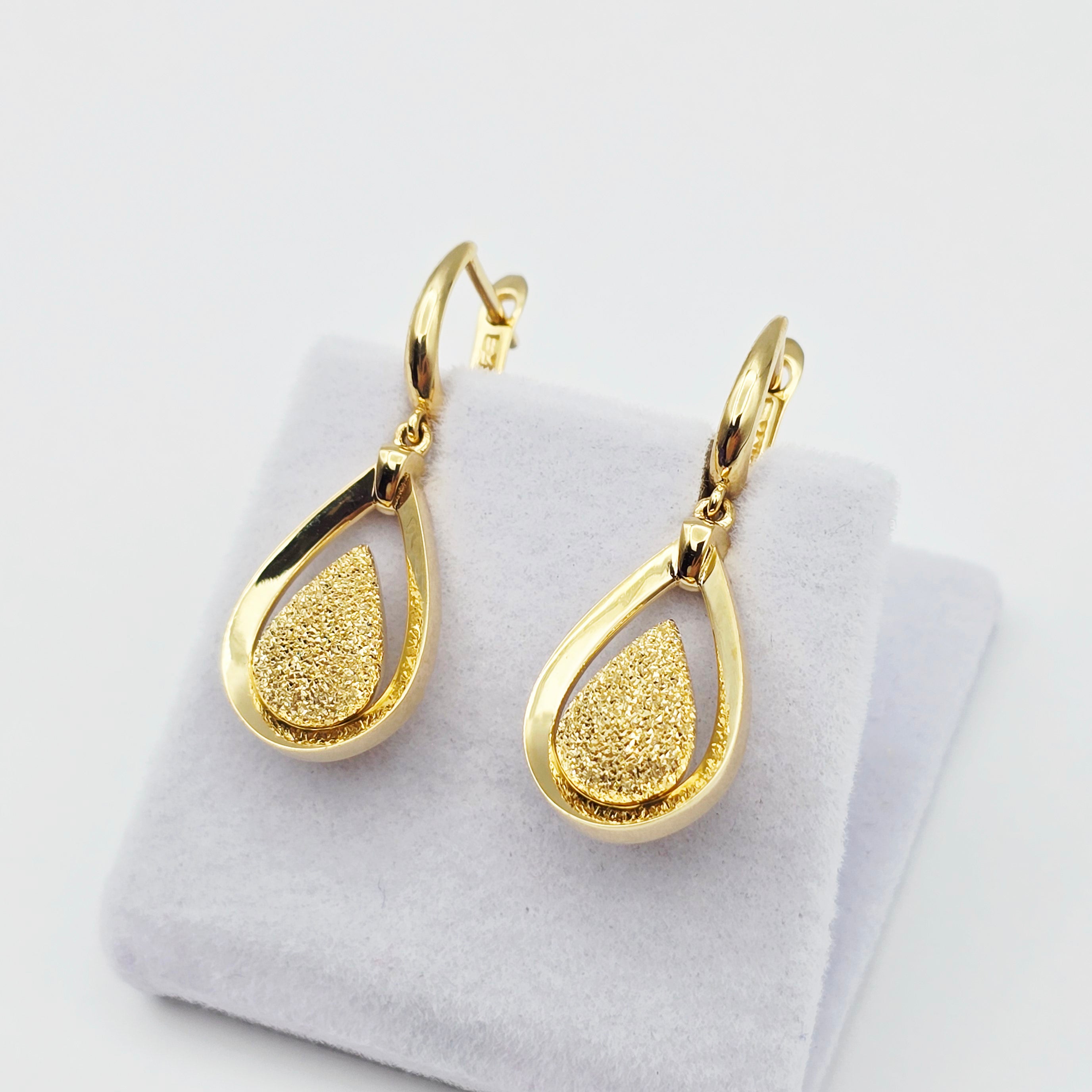 18K Solid Yellow Gold Drop Earrings, Teardrop Textured Gold Dangle Earrings, Elegant Fine Jewelry Gift for Her