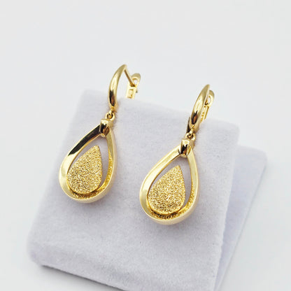 18K Solid Yellow Gold Drop Earrings, Teardrop Textured Gold Dangle Earrings, Elegant Fine Jewelry Gift for Her