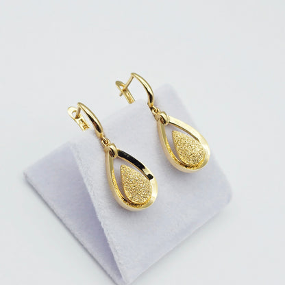 18K Solid Yellow Gold Drop Earrings, Teardrop Textured Gold Dangle Earrings, Elegant Fine Jewelry Gift for Her