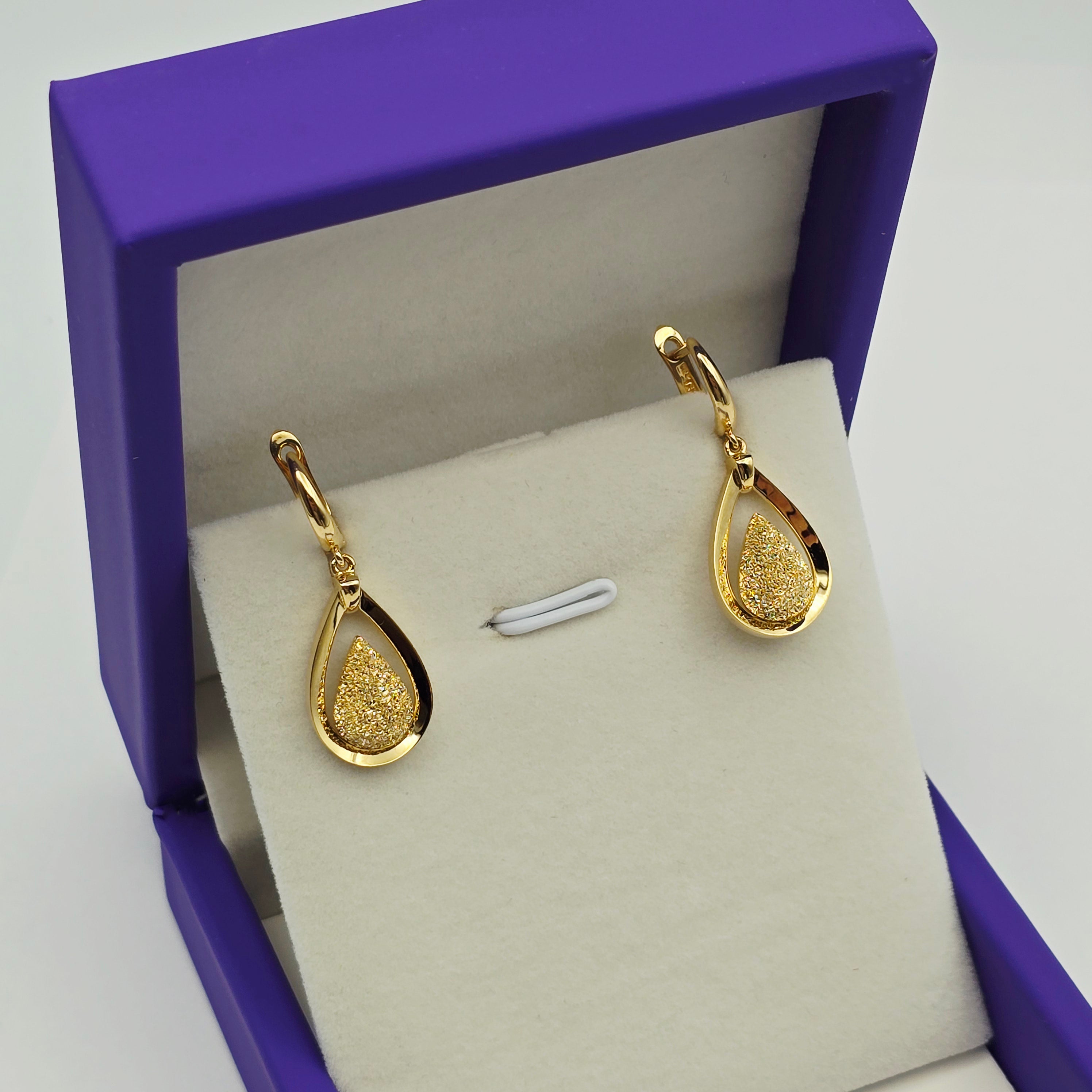 18K Solid Yellow Gold Drop Earrings, Teardrop Textured Gold Dangle Earrings, Elegant Fine Jewelry Gift for Her