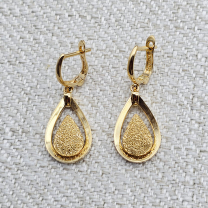 18K Solid Yellow Gold Drop Earrings, Teardrop Textured Gold Dangle Earrings, Elegant Fine Jewelry Gift for Her