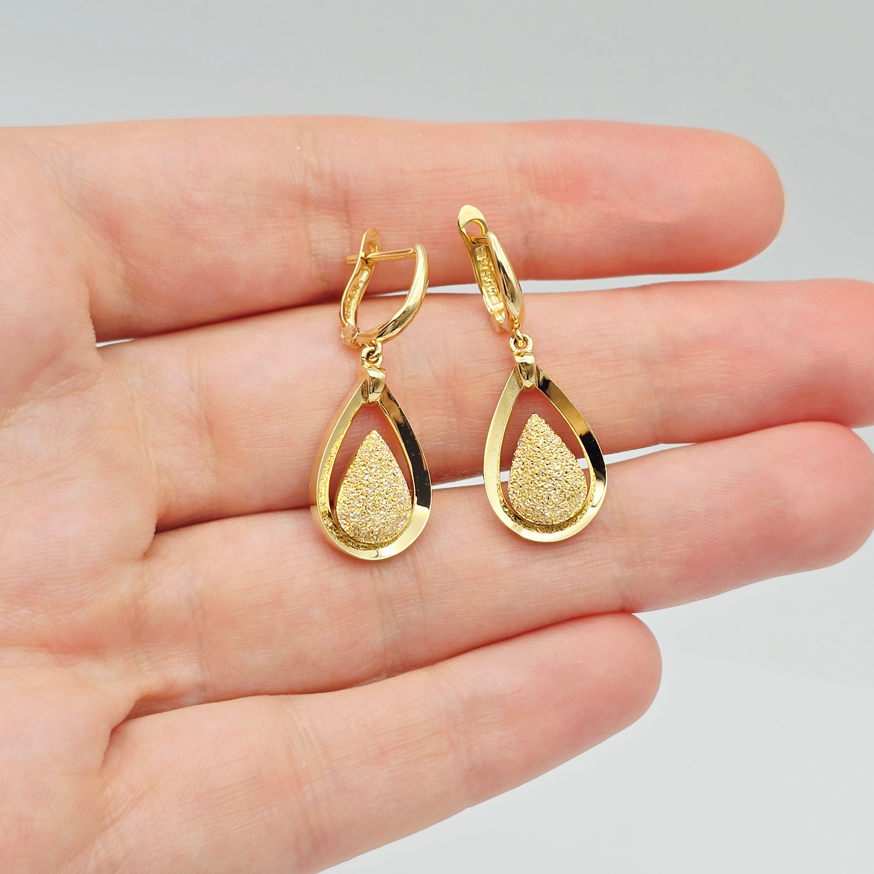 18K Solid Yellow Gold Drop Earrings, Teardrop Textured Gold Dangle Earrings, Elegant Fine Jewelry Gift for Her