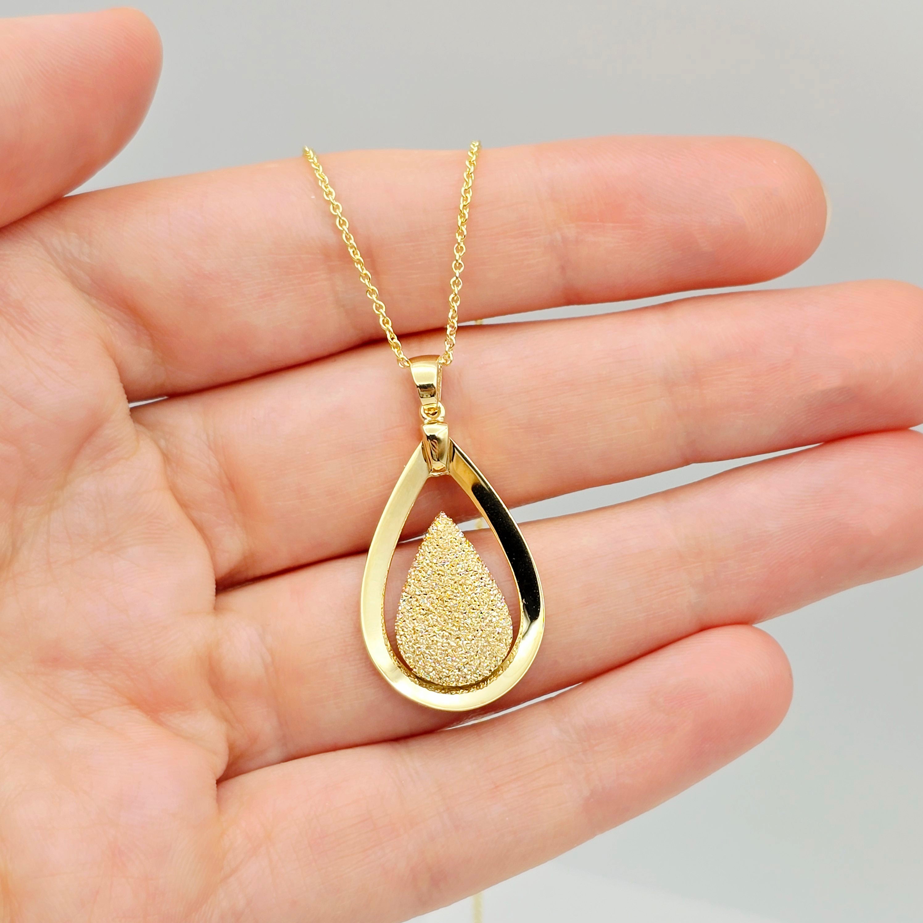 18K Solid Yellow Gold Teardrop Pendant , Textured Gold Drop Pendant , Luxury Necklace, Gift for Her