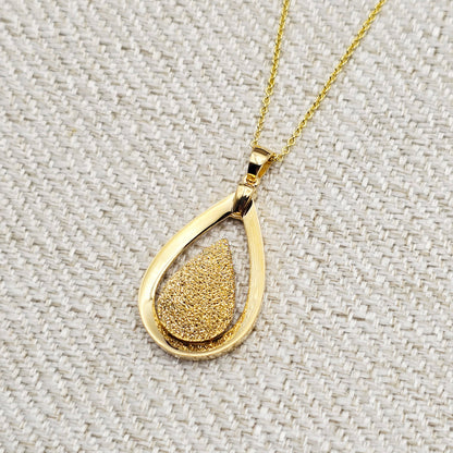 18K Solid Yellow Gold Teardrop Pendant , Textured Gold Drop Pendant , Luxury Necklace, Gift for Her
