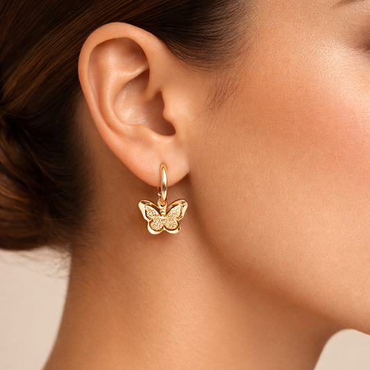 18K Solid Gold Butterfly Drop Earrings, Elegant Textured Finish