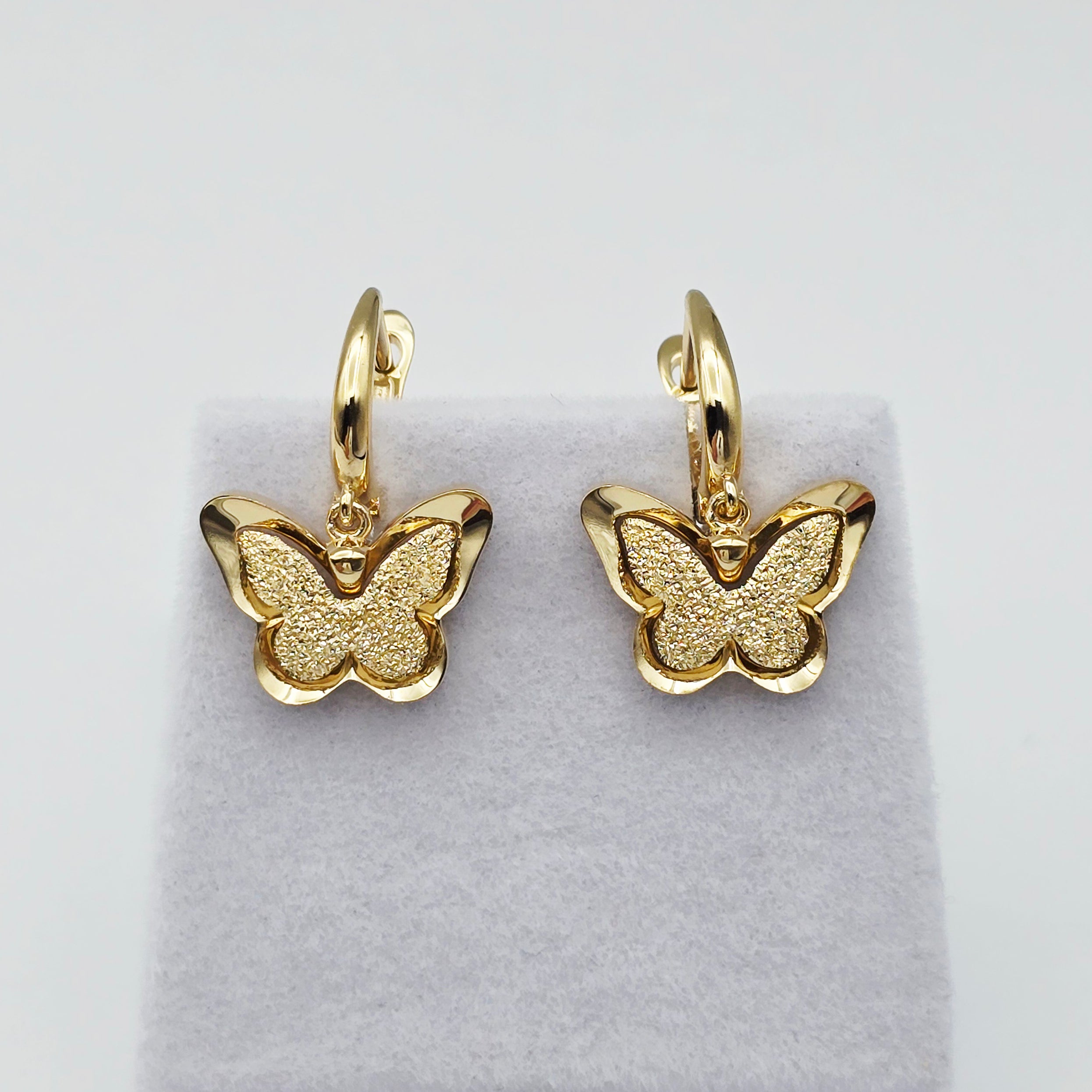 18K Solid Gold Butterfly Drop Earrings, Elegant Textured Finish