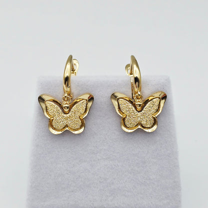 18K Solid Gold Butterfly Drop Earrings, Elegant Textured Finish
