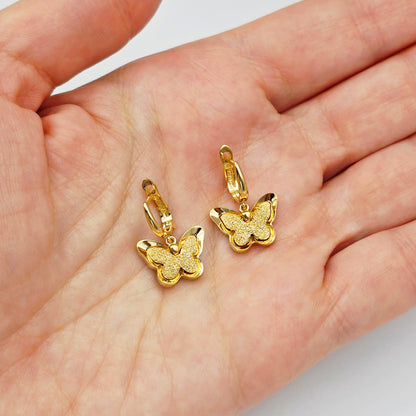18K Solid Gold Butterfly Drop Earrings, Elegant Textured Finish