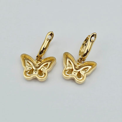 18K Solid Gold Butterfly Drop Earrings, Elegant Textured Finish