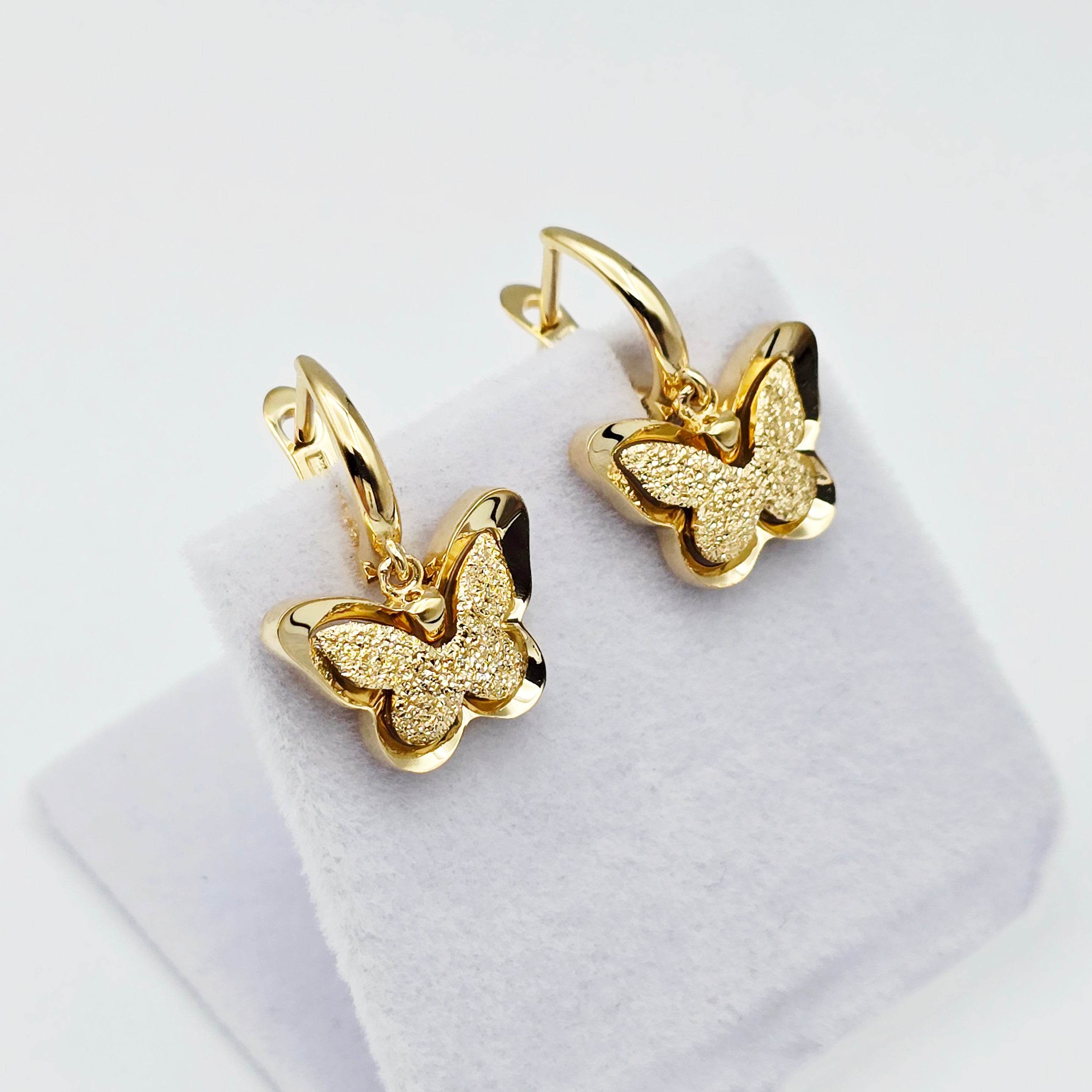 18K Solid Gold Butterfly Drop Earrings, Elegant Textured Finish