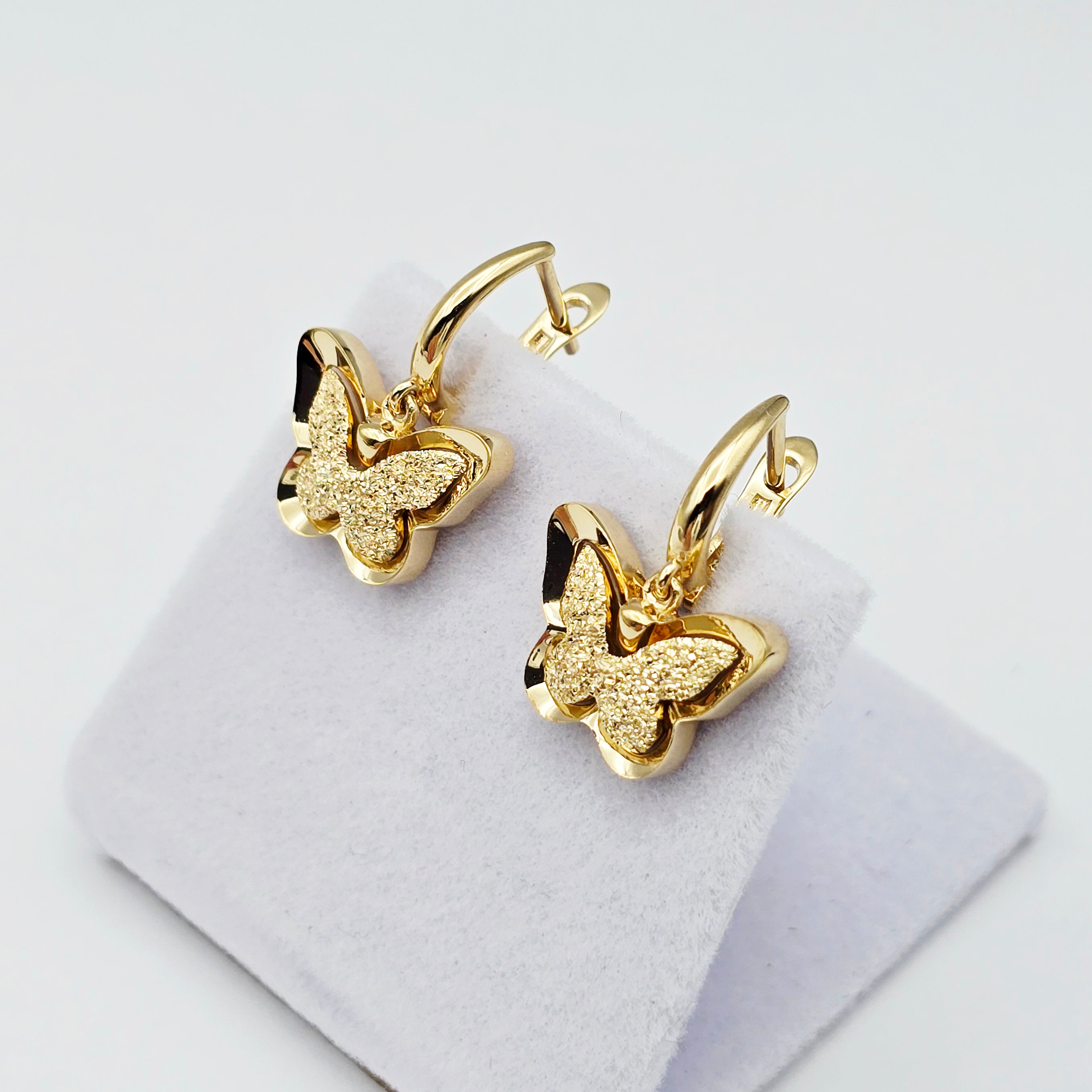 18K Solid Gold Butterfly Drop Earrings, Elegant Textured Finish