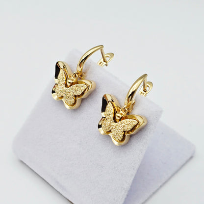 18K Solid Gold Butterfly Drop Earrings, Elegant Textured Finish