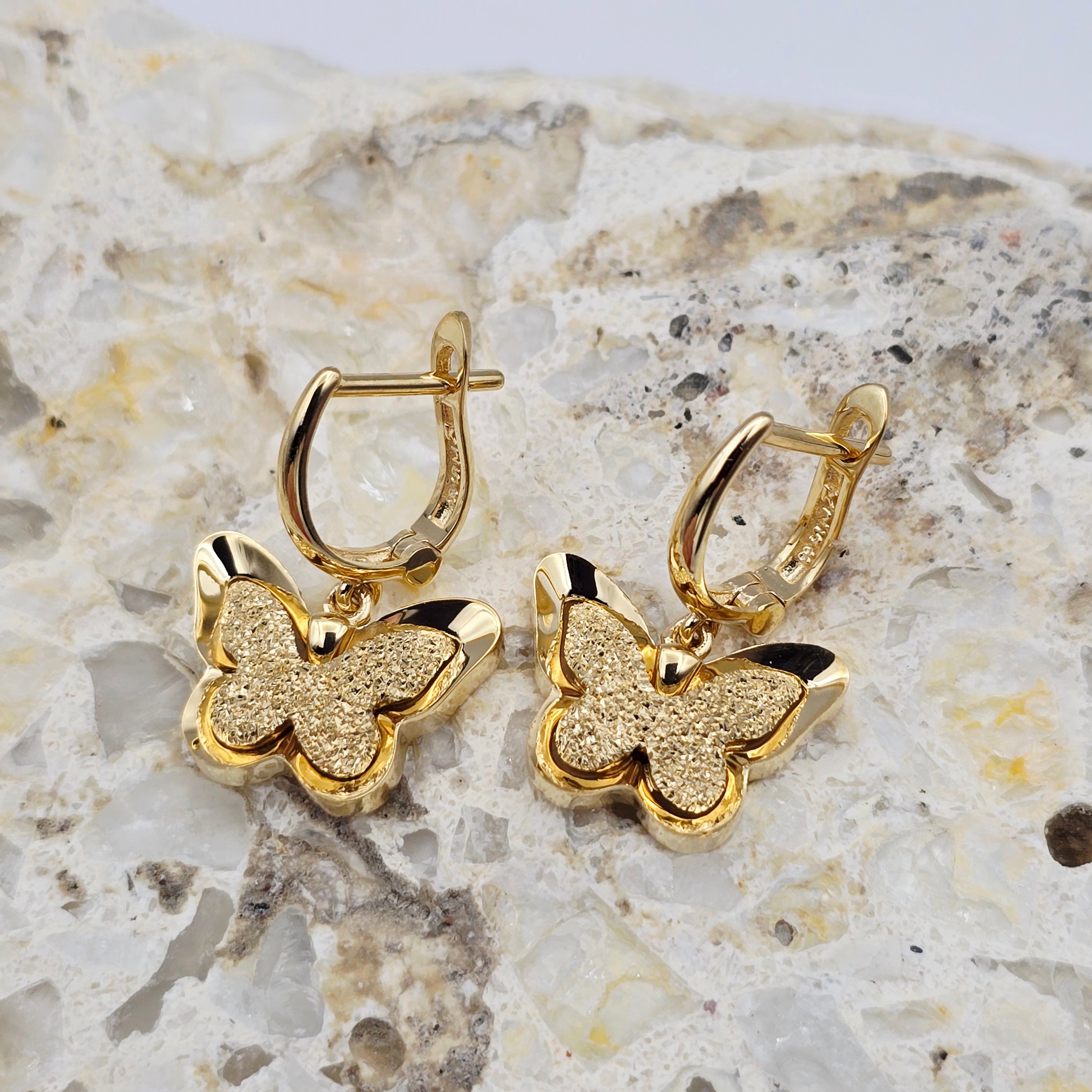 18K Solid Gold Butterfly Drop Earrings, Elegant Textured Finish