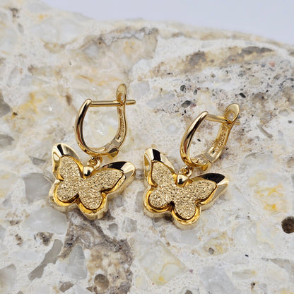 18K Solid Gold Butterfly Drop Earrings, Elegant Textured Finish